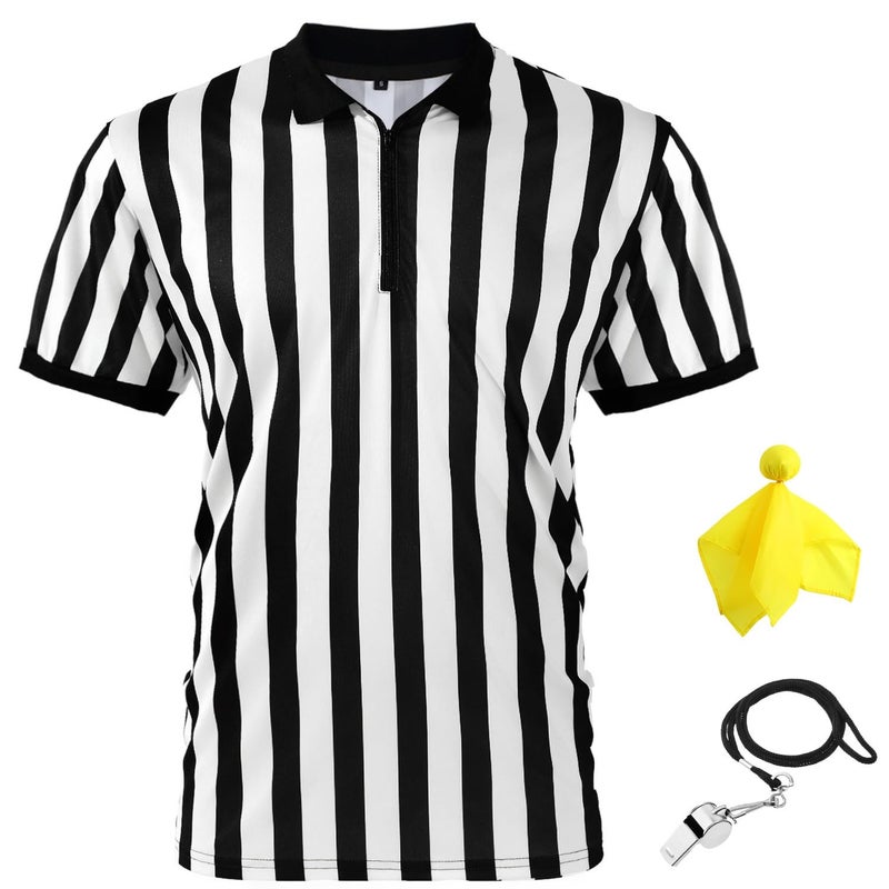 Syhood Men 's Referee Shirt Stripe Umpire Jersey  Penalty Flag and Whistle for Football Soccer Sports and Halloween Cosplay(Large) - Image 1